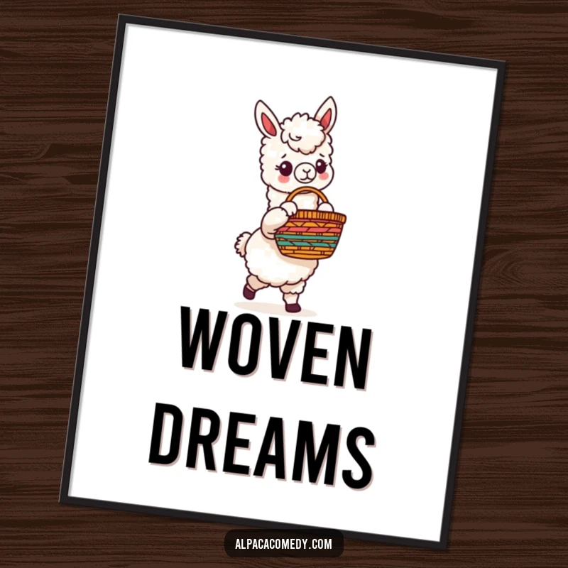 Funny poster showcasing a detailed illustration of an alpaca character holding a richly textured, multicolored woven basket in a playful stance.