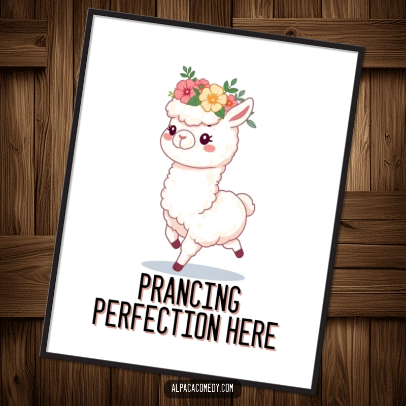 Funny poster art of a fluffy alpaca wearing a flower crown, captured in a happy, prancing pose, adding charm to any wall.