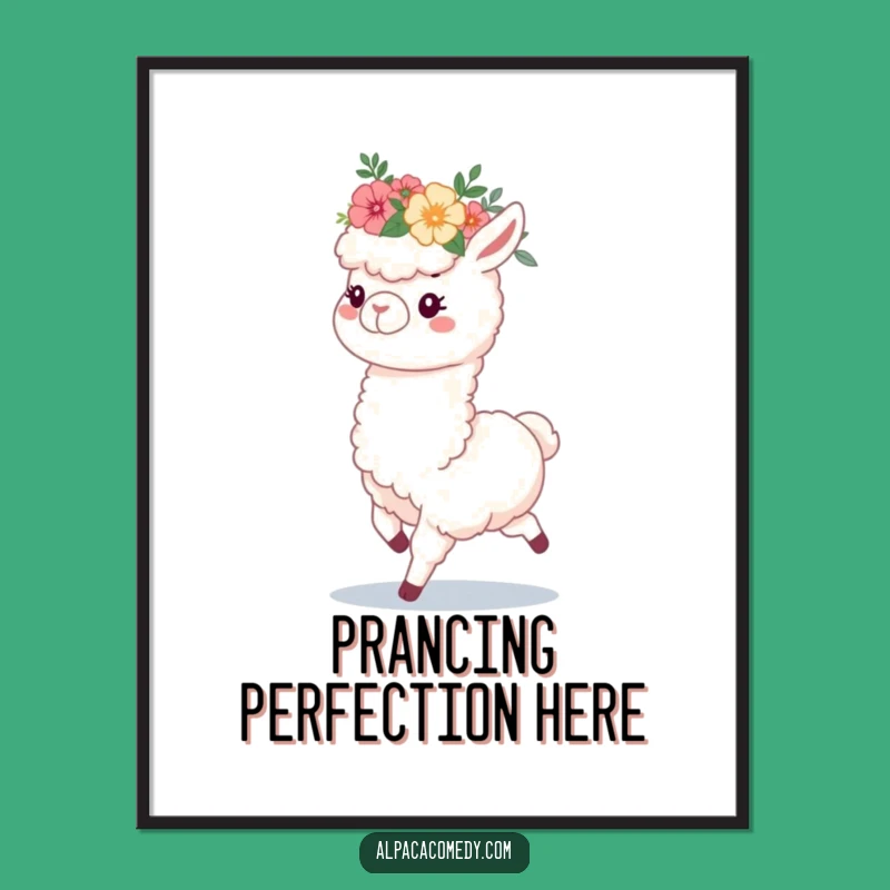 Funny Alpaca Flower Crown Poster, Artistic & Hilarious Prancing Alpaca Wall Art Gift