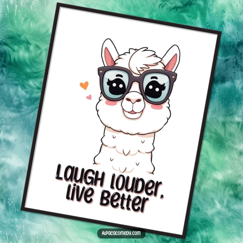 Funny Alpaca Poster: An alpaca in oversized comedy glasses winks playfully while telling a joke, bringing stand-up humor to walls.