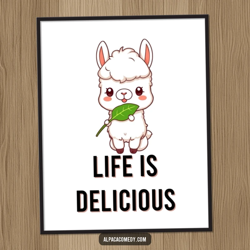 Funny Alpaca Poster: A peaceful alpaca character depicted in a funny, happy state while munching a tasty leaf.