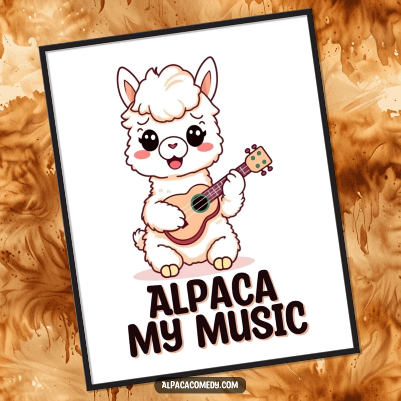 Funny Alpaca Poster: Cheerful alpaca playing a small ukulele, creating a lively and musical atmosphere for any room decor.