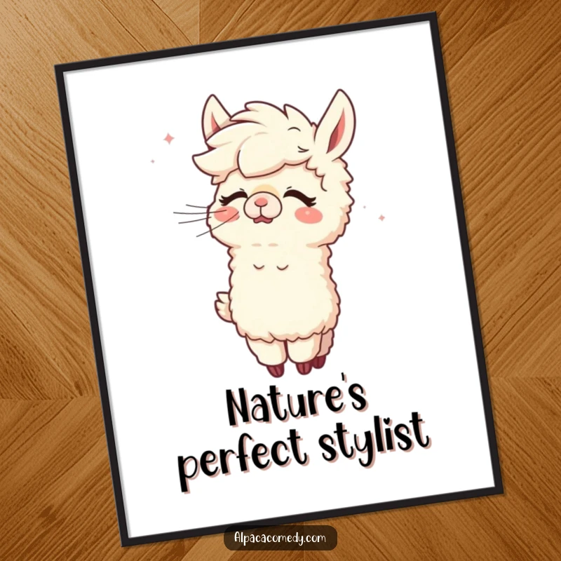 Funny Alpaca Poster: A whimsical alpaca character caught mid-giggle during a delightful and funny wind grooming session.