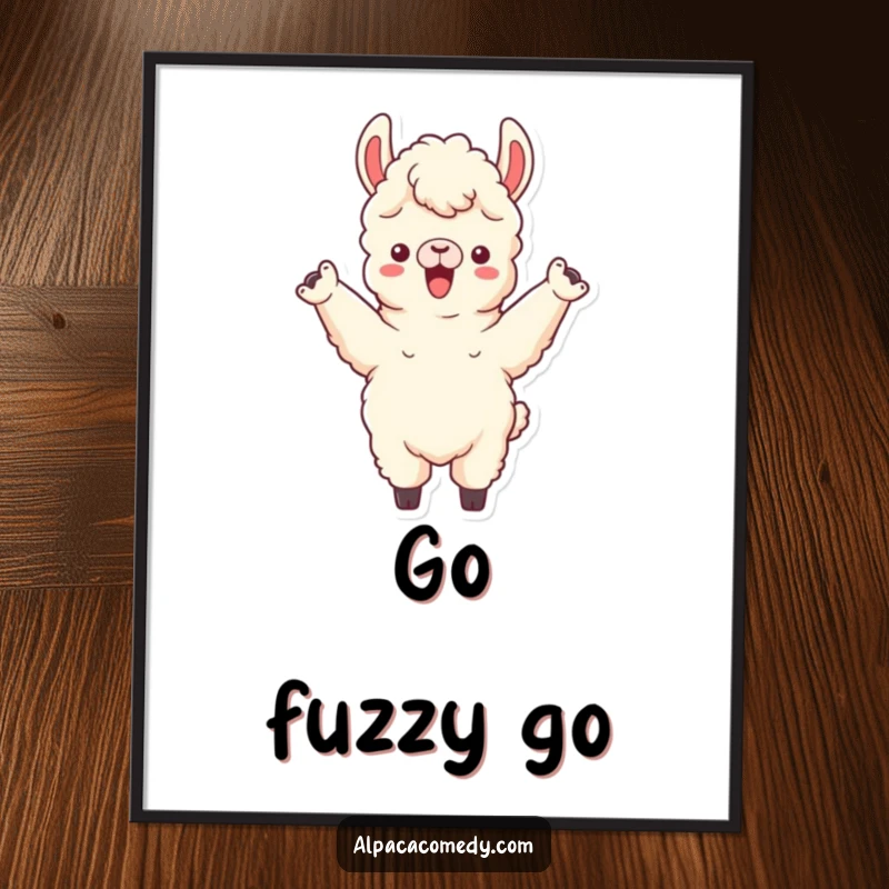 Funny poster of an alpaca character in an exuberant stance, both front legs raised high in a gesture of ultimate cheering.
