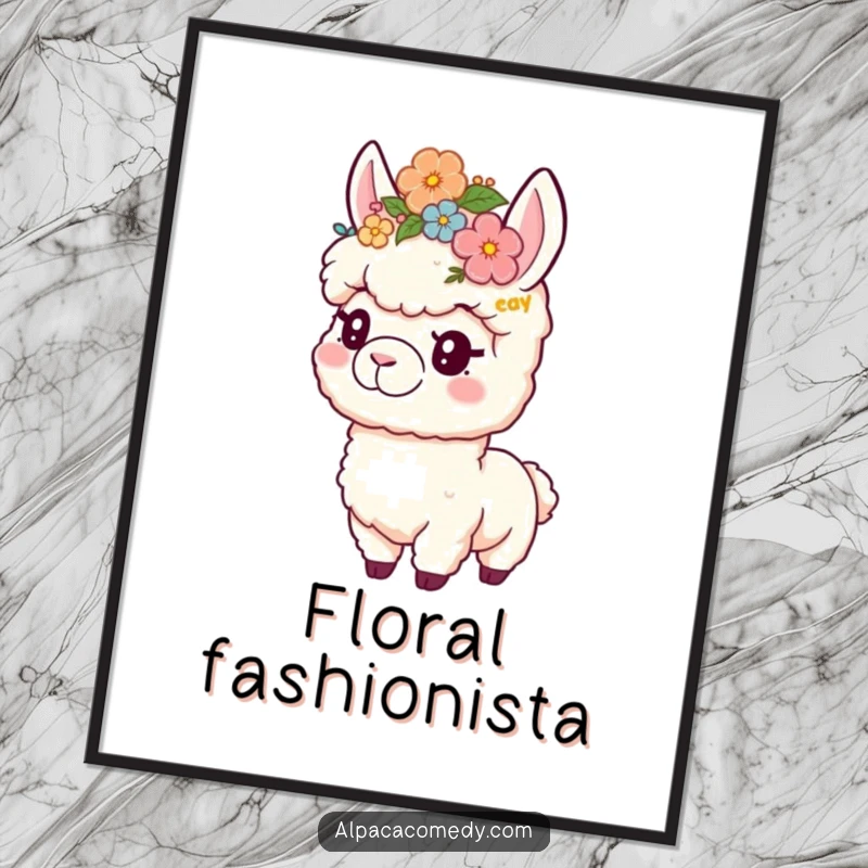 Funny poster of a playful alpaca wearing a beautiful flower crown, bringing cute art and floral humor to any wall.