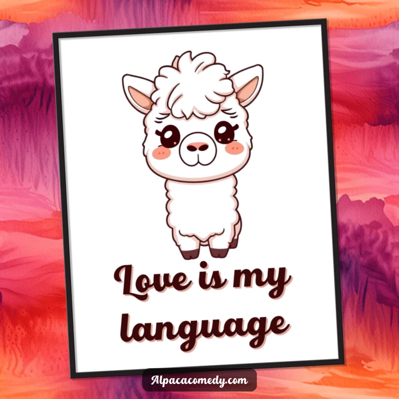 Funny poster capturing a friendly alpaca offering a tender nuzzle with its snout, conveying messages of love, friendship, and gentle connection.