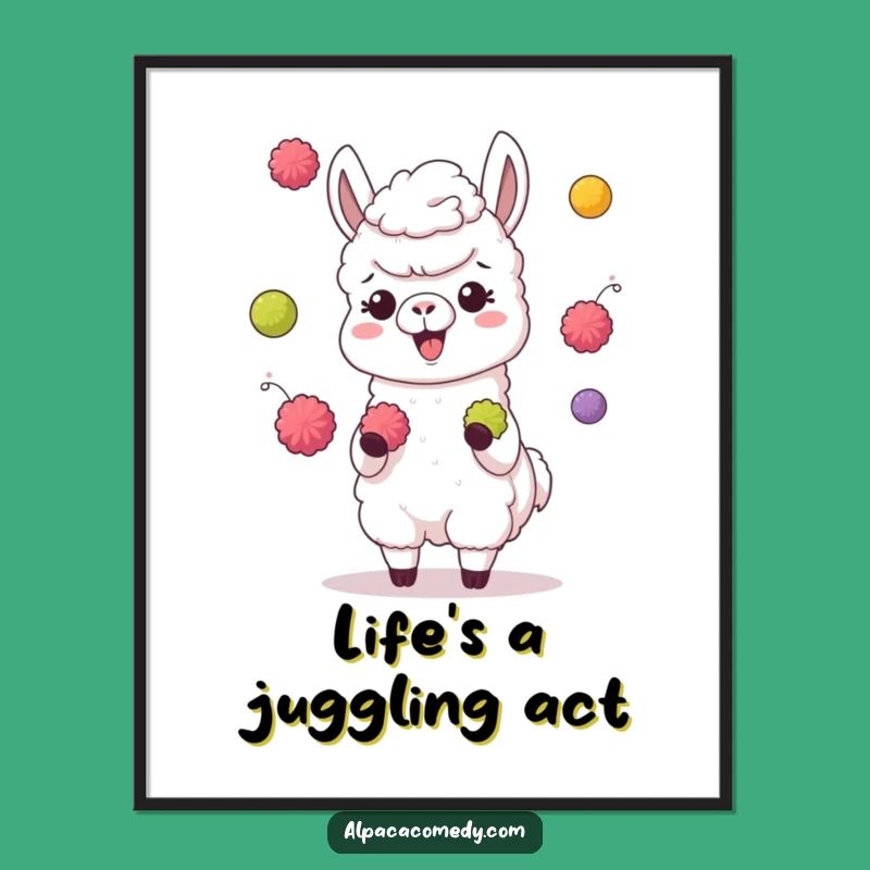 Funny Juggling Alpaca Poster: Giggling Character, Colorful Pompoms, Wall Art