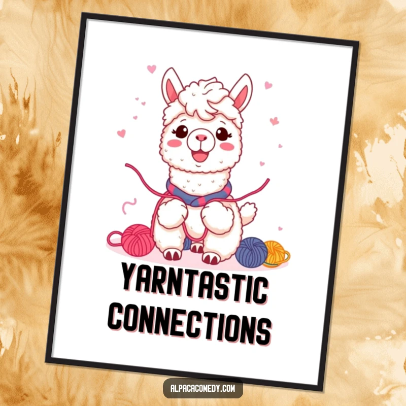 Funny Kawaii alpaca poster, sharing colorful yarn with friends, warm smile beaming, creating a cozy and inviting atmosphere.