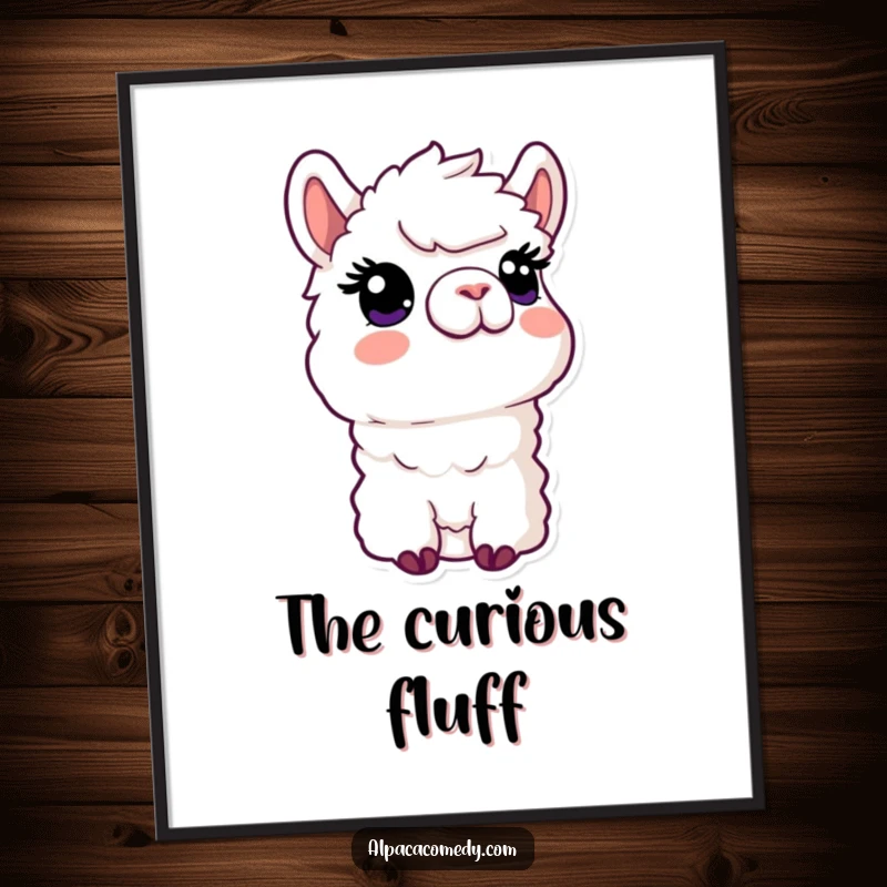 Funny Kawaii Alpaca Poster showcasing an alpaca with a curious expression gazing upwards, adding whimsical art to any room.