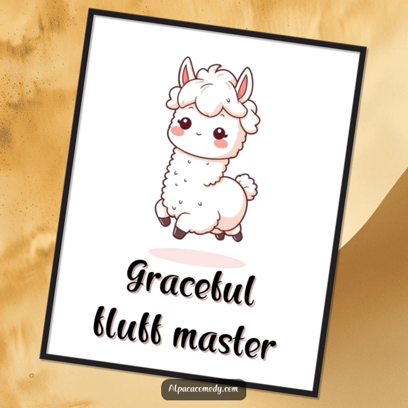 Funny Kawaii Alpaca Poster featuring a fluffy-maned alpaca joyfully prancing, adding a touch of whimsical art to any wall.