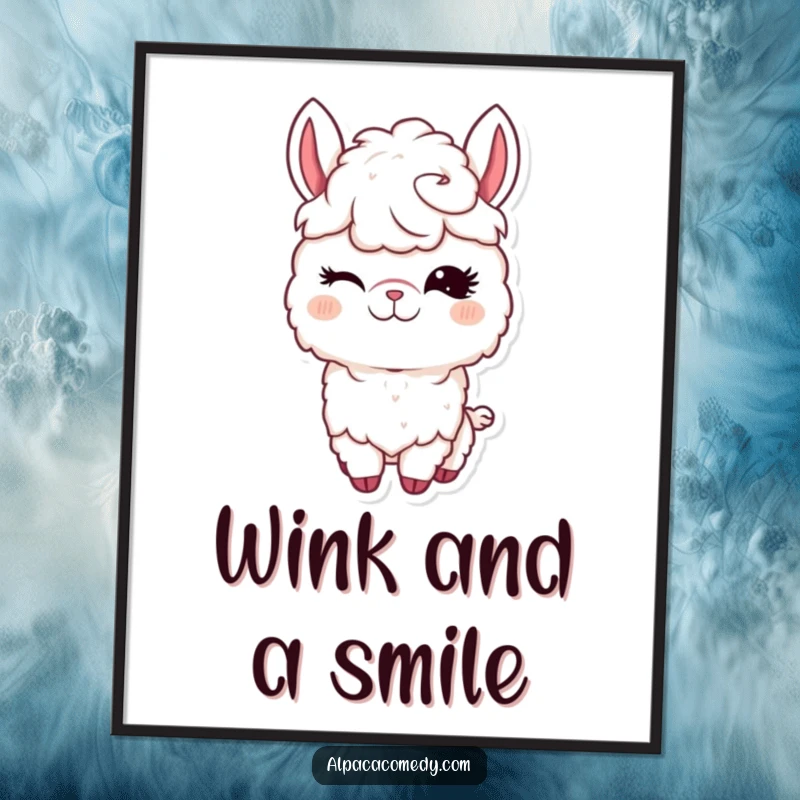 Funny Kawaii Alpaca Poster showcasing a cute alpaca winking with long eyelashes, adding charming and humorous art.