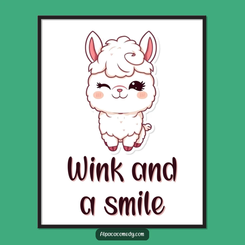 Funny Kawaii Alpaca Poster, Winking Charm Art, Adorable Cute Animal Funny Gift Decor