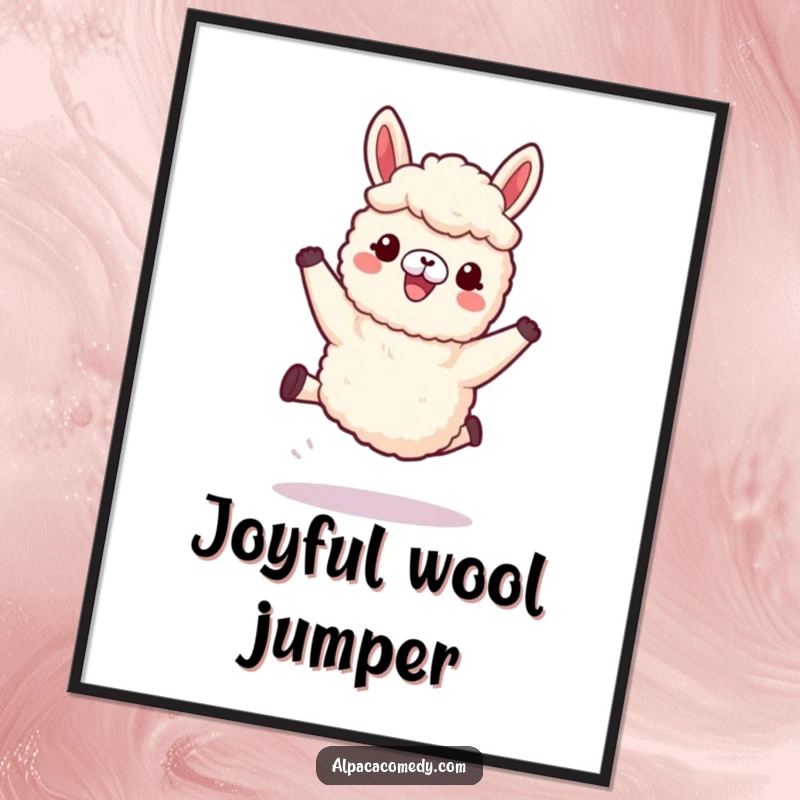 Funny Kawaii Alpaca Poster showcasing an alpaca joyfully leaping with soft, woolly legs, adding dynamic and humorous art.