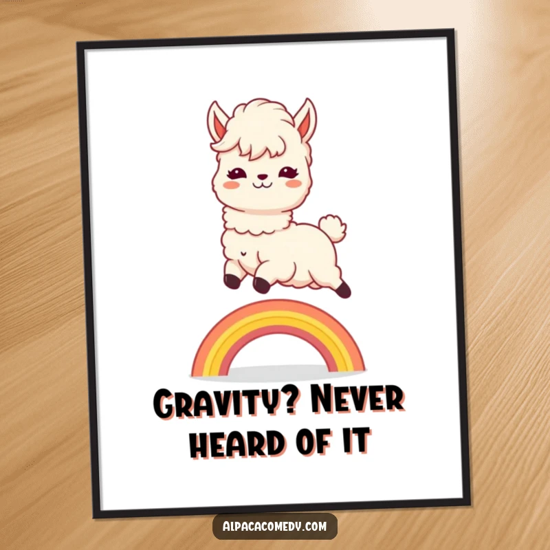 Funny Poster: Dynamic kawaii alpaca in mid-air, leaping over a vivid rainbow, mane like a banner, full of joyful motion.