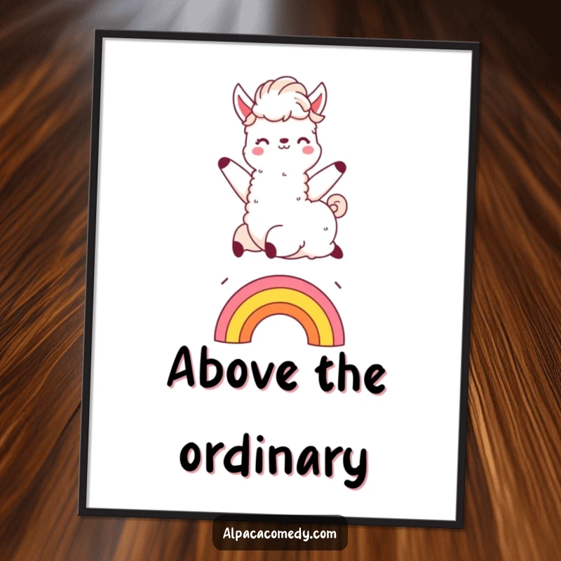 Funny Kawaii alpaca poster, gleefully jumping over a small rainbow, fluffy mane flying, bringing a sense of lighthearted fun to any wall.