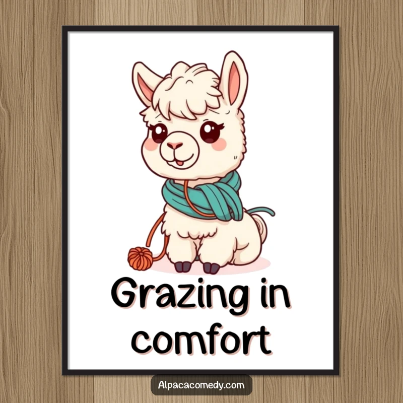 Funny poster art of a kawaii alpaca hilariously tangled in yarn while grazing, ideal for adding cute and humorous decor.