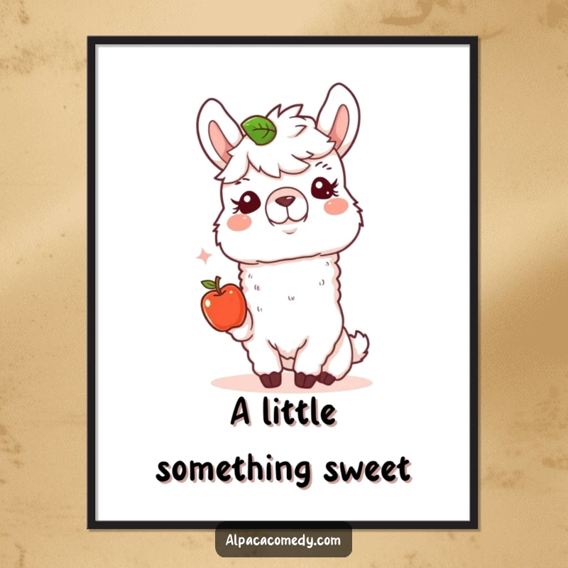 Funny Alpaca Poster: A happy alpaca offers a tiny apple with a kind expression, creating heartwarming and cheerful wall decor.