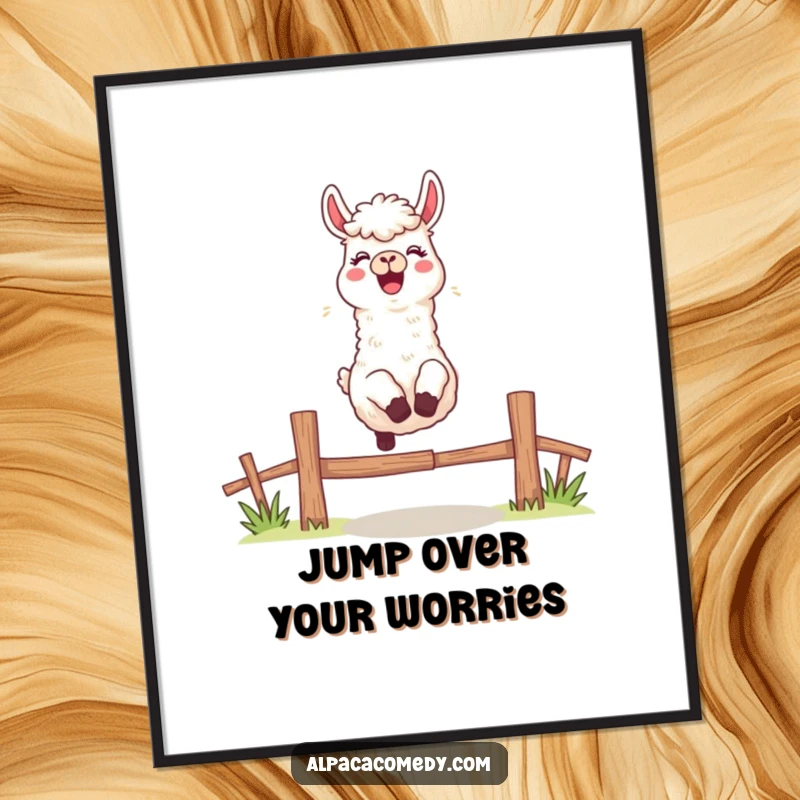 Funny poster of an excited alpaca character captured mid-leap over a fence, letting out a cheerful bleat, full of zest.