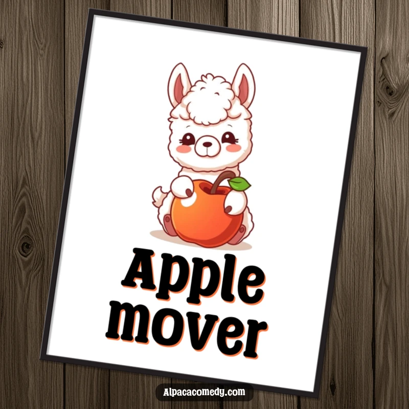 Funny poster illustrating an alpaca character playfully nudging a rolling apple, embodying curiosity and a whimsical, gentle interaction.