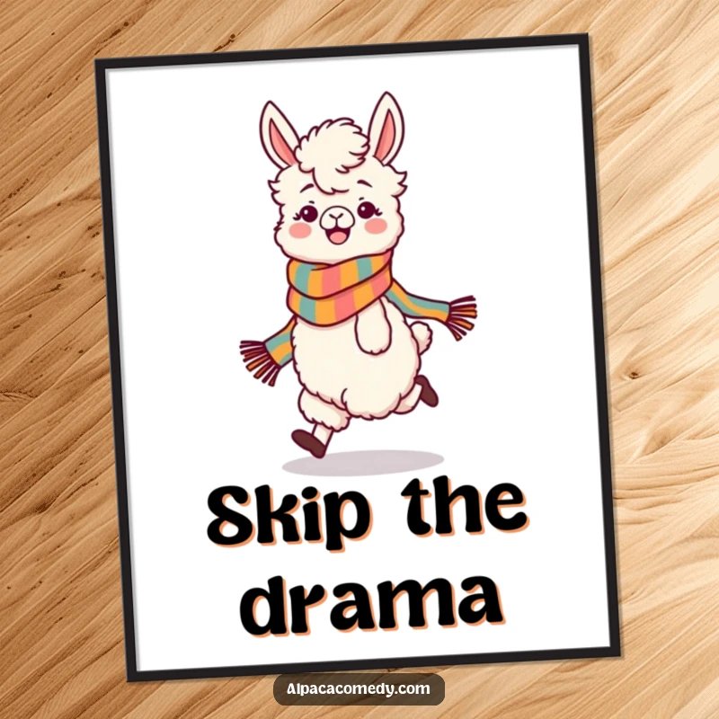 Funny poster of a playful alpaca character wearing a colorful scarf, skipping with unstoppable glee, bringing vibrant energy.