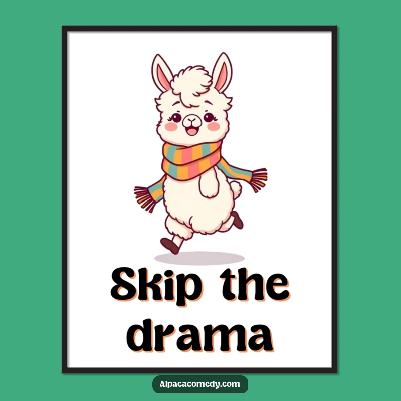Funny Skipping Alpaca Poster: Playful Character with Scarf, Cheerful Wall Art