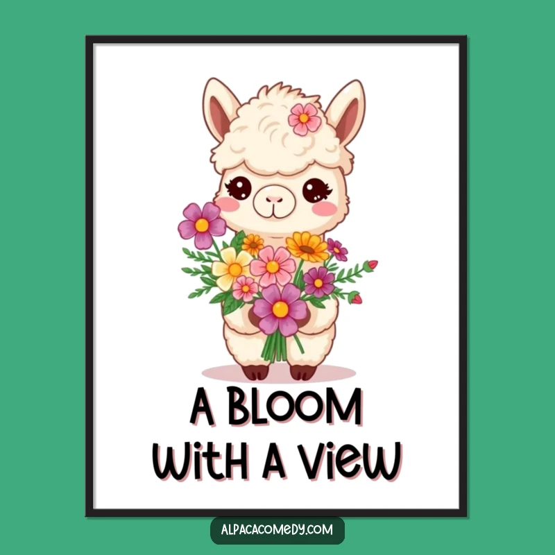 Funny Smiling Alpaca Poster - Flower Bouquet Art Print