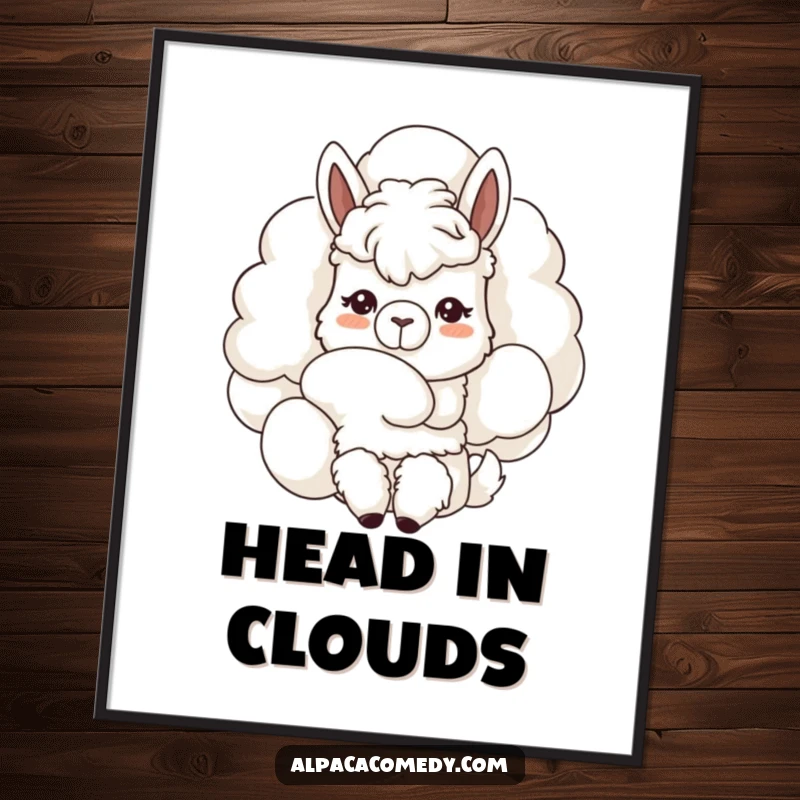 Funny Kawaii alpaca poster, curiously nuzzling a giant fluffy cloud, gentle expression capturing a moment of quiet wonder and comfort.