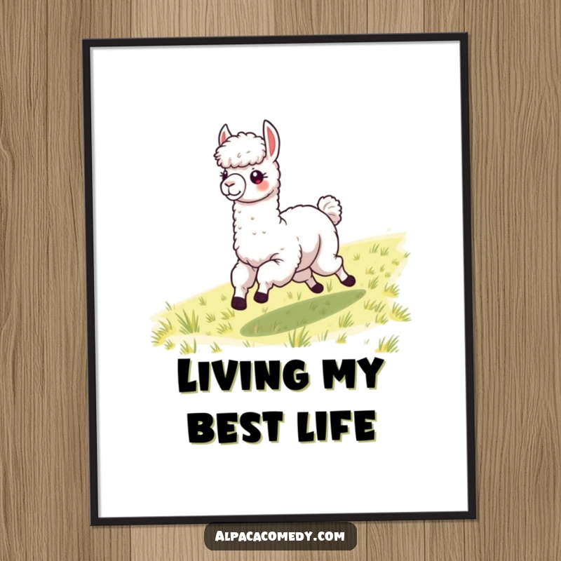 Funny alpaca joyfully galloping with windblown fleece, presented as a striking poster for humorous home decor.