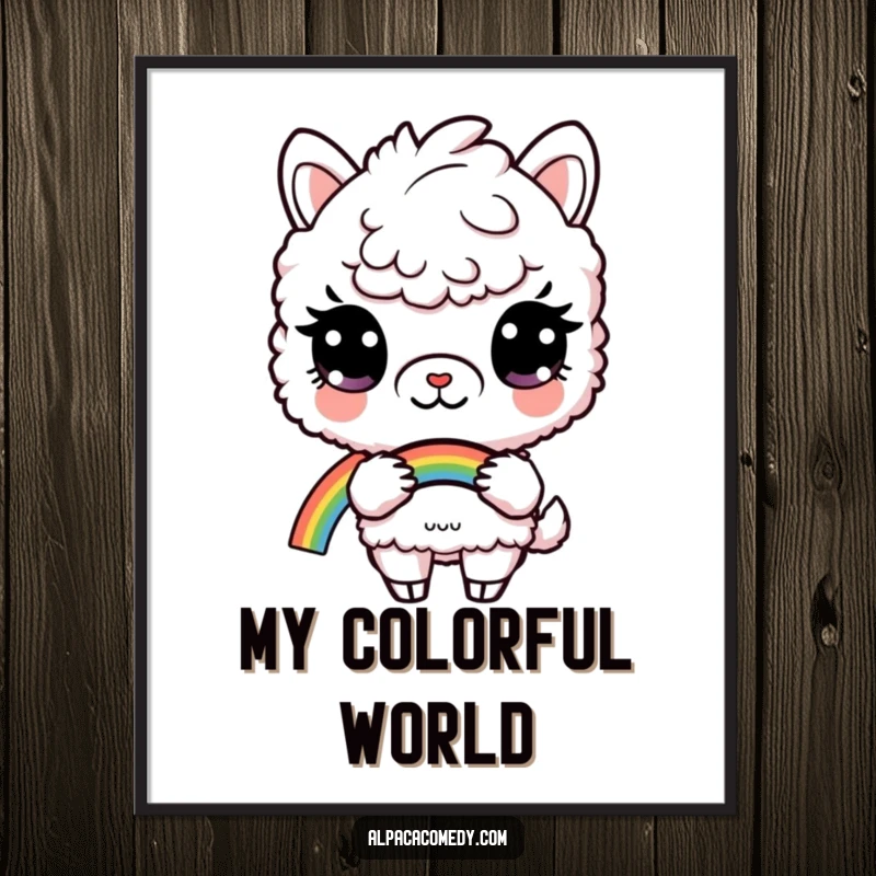 Funny poster of a curious alpaca holding a bright rainbow, bringing magical art and whimsical humor to any room.