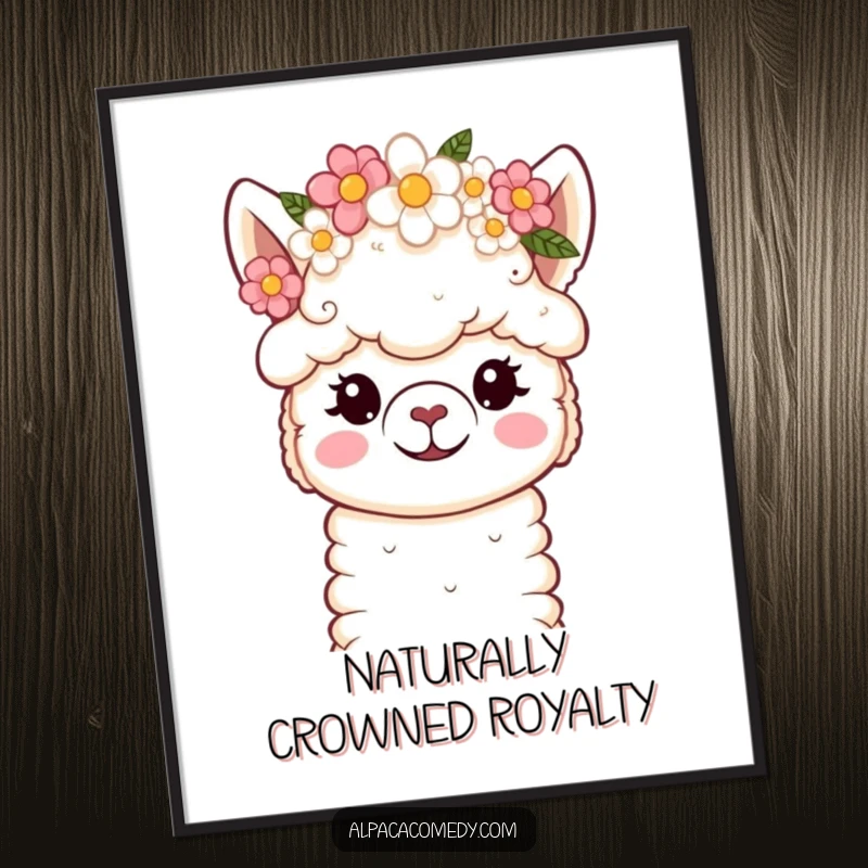 Funny Poster: Serene kawaii alpaca with gentle eyes, wearing a beautiful flower crown, exuding peaceful charm and artistry.