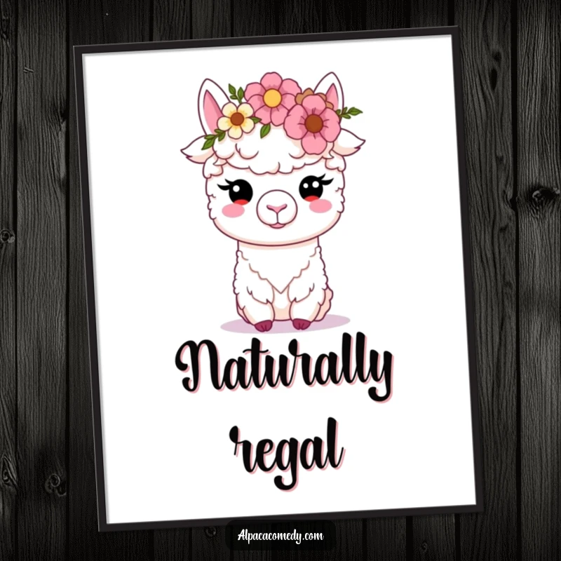 Funny Kawaii alpaca poster, adorned with a beautiful flower crown, soft eyes looking serene, bringing a peaceful and charming vibe to any room.