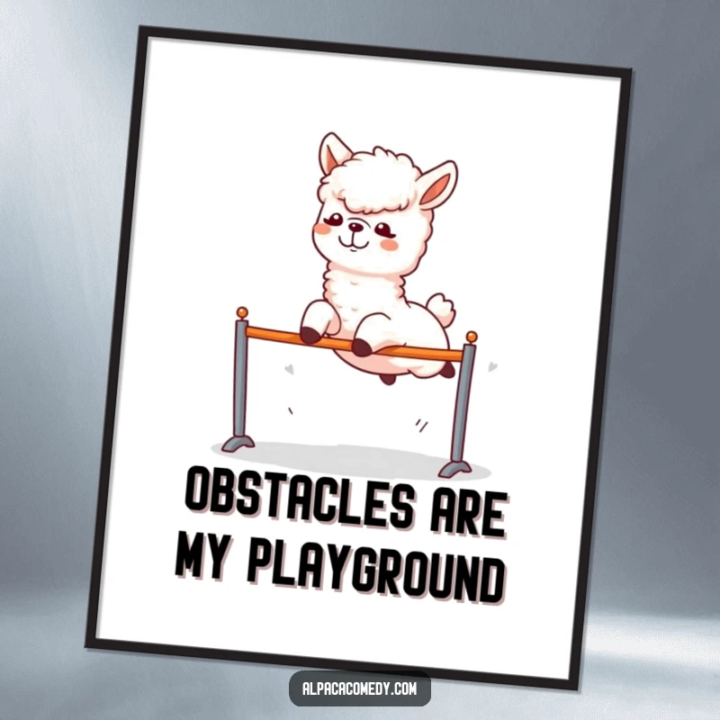 Funny Alpaca Poster: An alpaca in an excited, funny pose, leaping with incredible energy over a small obstacle.