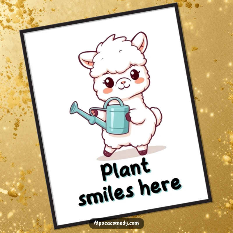 Funny poster illustrating an alpaca character with a happy grin, carrying a tiny watering can, symbolizing growth and gentle care.