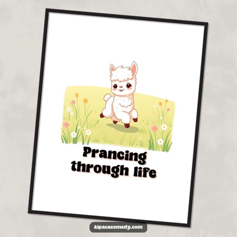 Funny poster of a cute baby alpaca joyfully prancing in a meadow, bringing vibrant energy and humorous charm.