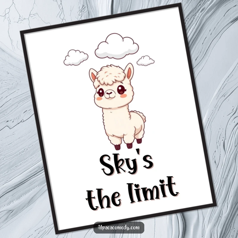 Funny Alpaca Poster: A whimsical alpaca character curiously observing the fluffy clouds above with a funny, thoughtful look.
