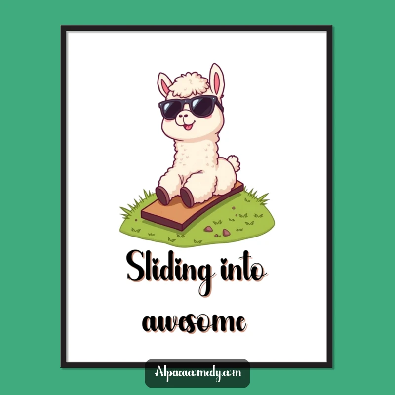 Funny Alpaca Sunglasses Poster, Cool Hill Sliding Alpaca Wall Art Gift