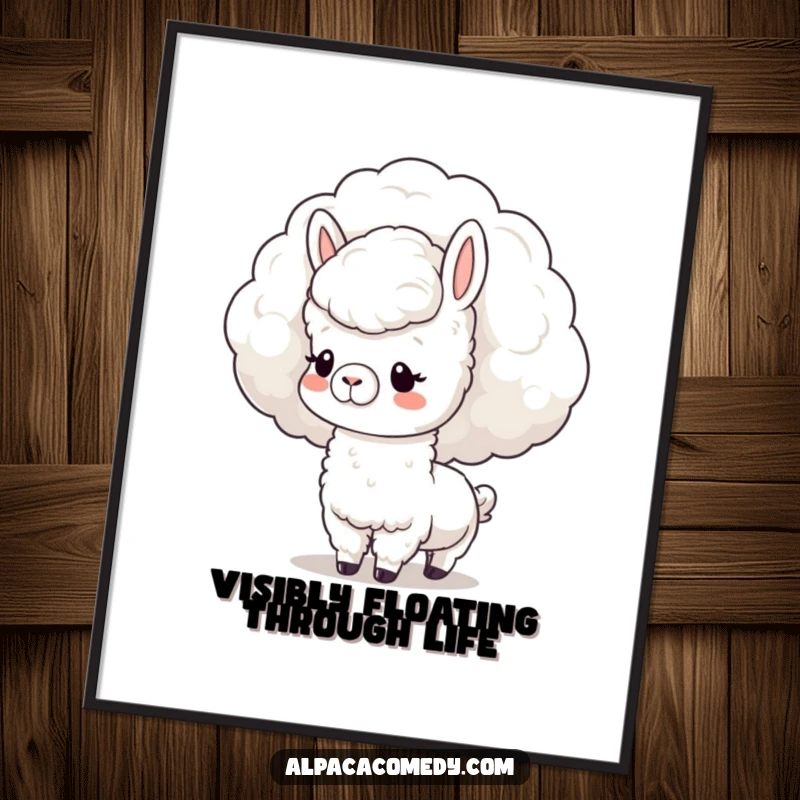Funny Poster: Sweet kawaii alpaca with a gentle expression, curiously nuzzling a large fluffy cloud, evoking dreamy peace.