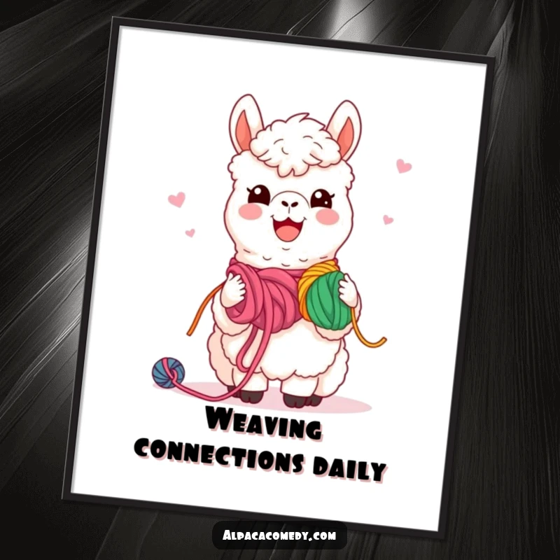Funny Poster: Delightful kawaii alpaca enthusiastically sharing vibrant yarn with friends, a heartwarming depiction of unity.
