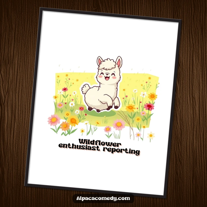 Funny poster depicting a joyful alpaca gleefully rolling in a picturesque field overflowing with blooming wildflowers, capturing a moment of pure bliss.