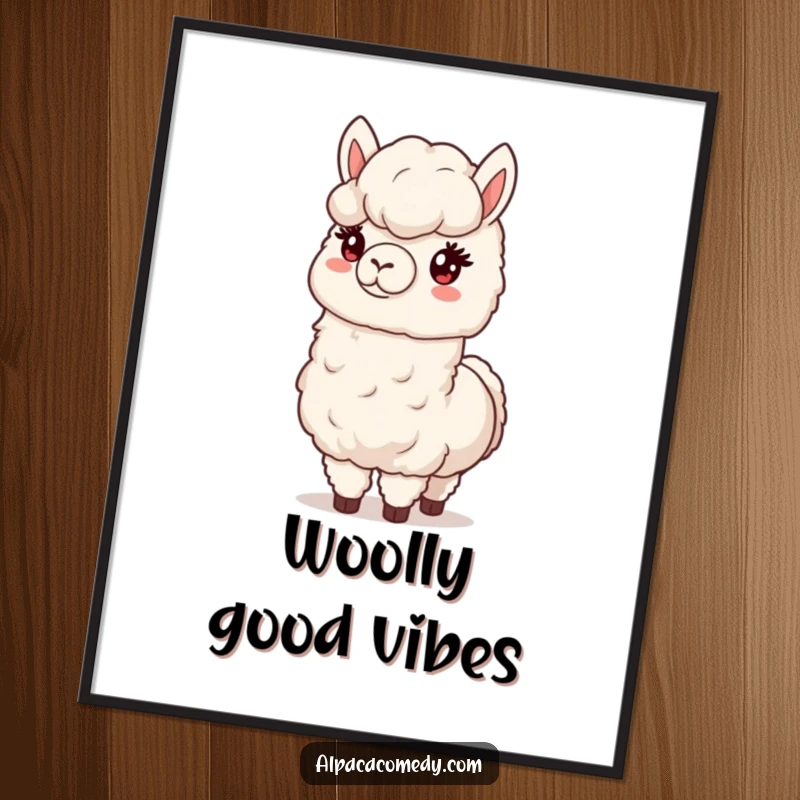 Funny poster showcasing a friendly alpaca holding out a large, fluffy bundle of its soft wool, perfect for cozy decor.