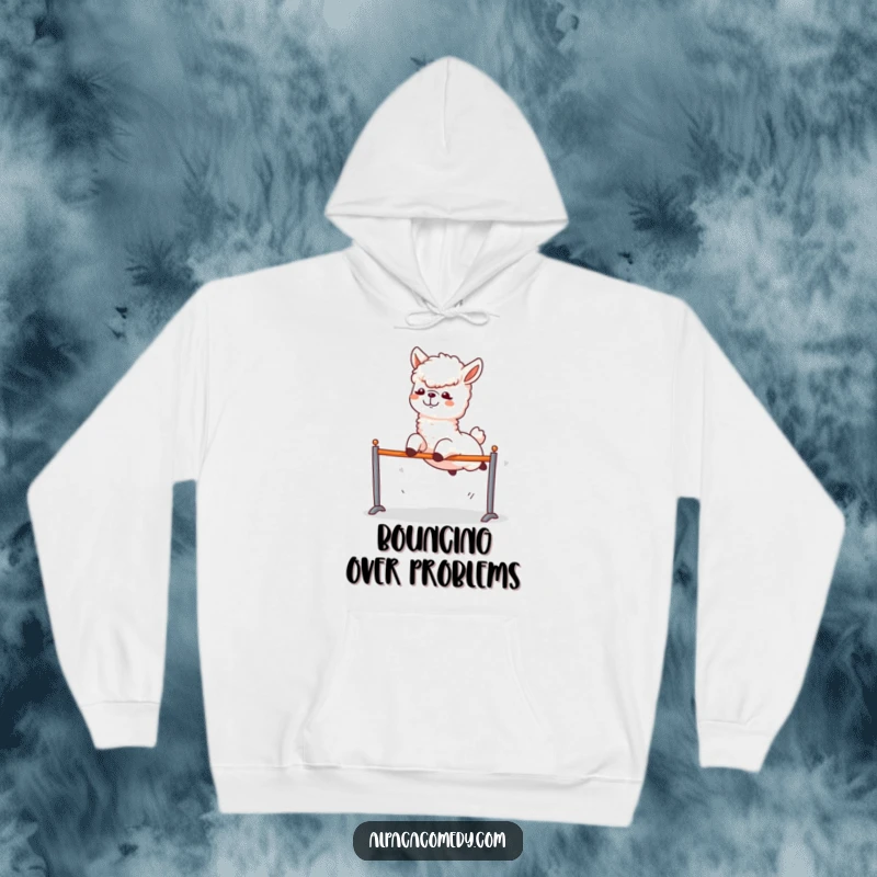 Funny Alpaca Hoodie: A joyful alpaca enthusiastically leaping over a hurdle, embodying a funny spirit of adventure.
