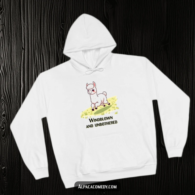 Funny alpaca in mid-gallop with windblown fleece, featured on a cozy hoodie, making it a humorous gift.