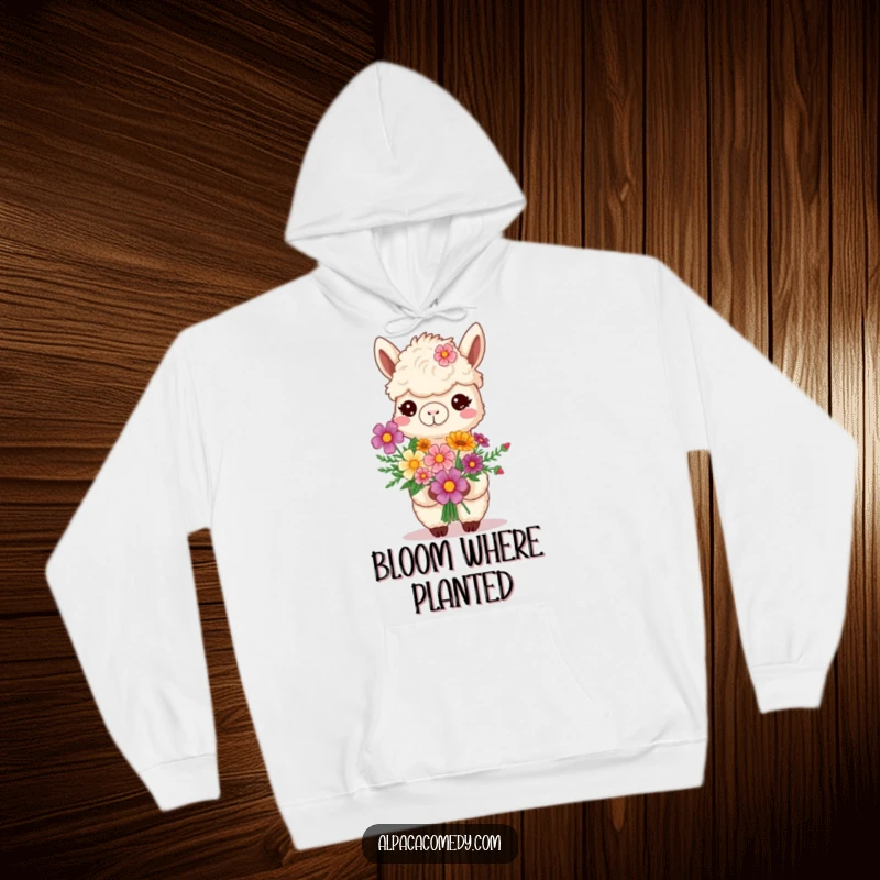 Funny smiling alpaca presenting a bouquet of vibrant flowers, featured on a cozy hoodie for a humorous and heartwarming appeal.