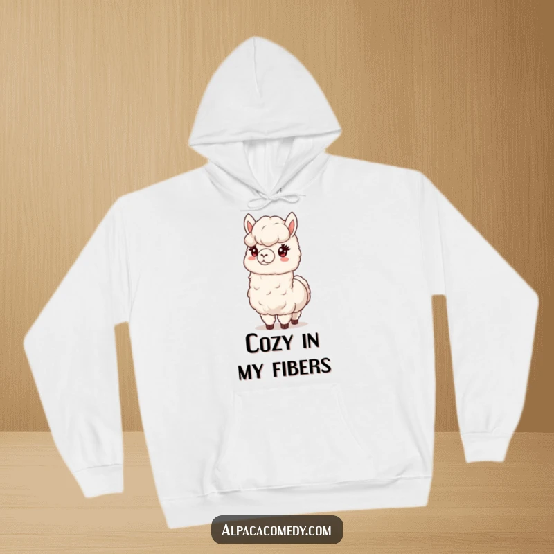 Funny hoodie featuring a friendly alpaca generously presenting a large, soft clump of its fluffy wool, perfect for cozy days.