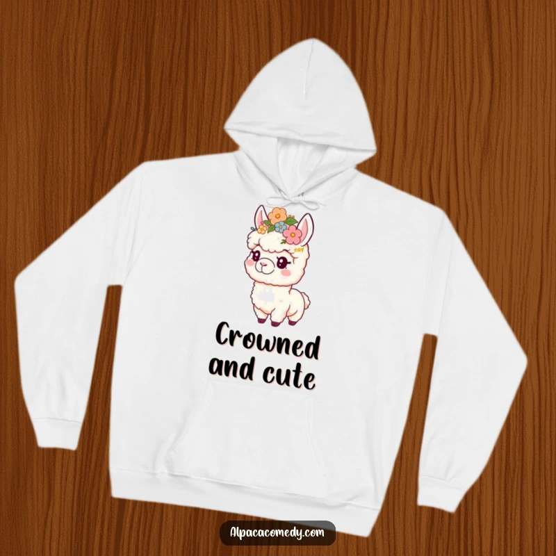 Funny hoodie with a playful alpaca adorned in a flower crown, offering cozy comfort and charming, humorous style.