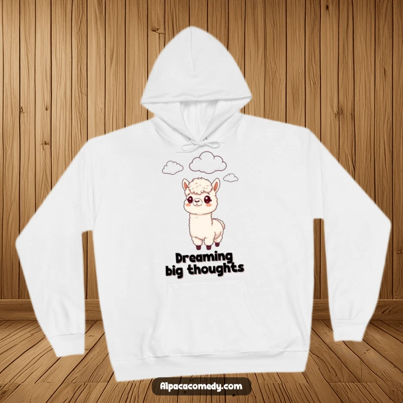 Funny Alpaca Hoodie: A cozy alpaca with a funny, curious gaze, observing the soft, fluffy clouds.