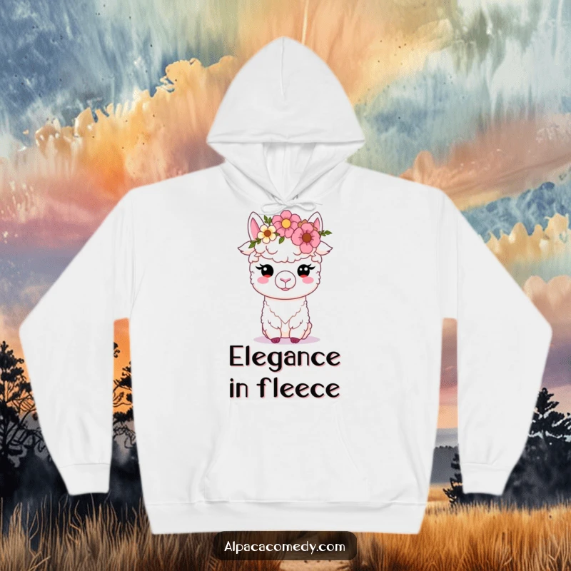 Funny Kawaii alpaca hoodie, adorned with a lovely flower crown, soft eyes radiating peace, offering cozy comfort and whimsical style.