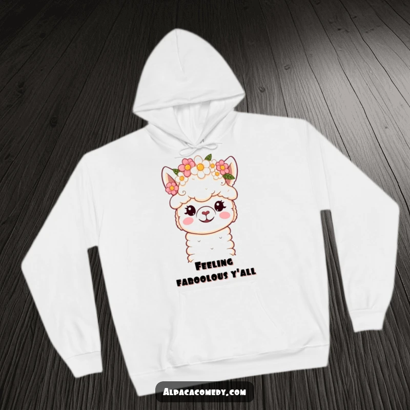 Funny Hoodie: Cute kawaii alpaca with soft eyes, wearing a delicate flower crown, offering cozy warmth and gentle charm.