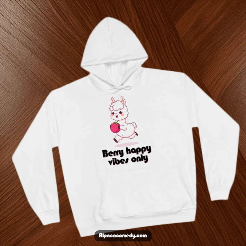 Funny hoodie: A delightful alpaca skips with a massive sweet berry, offering warmth and a burst of cheerful, humorous energy.