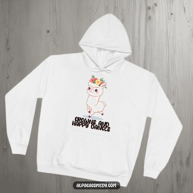 Funny hoodie print of a fluffy alpaca joyfully prancing, wearing a beautiful flower crown, ideal for cozy, happy moments.